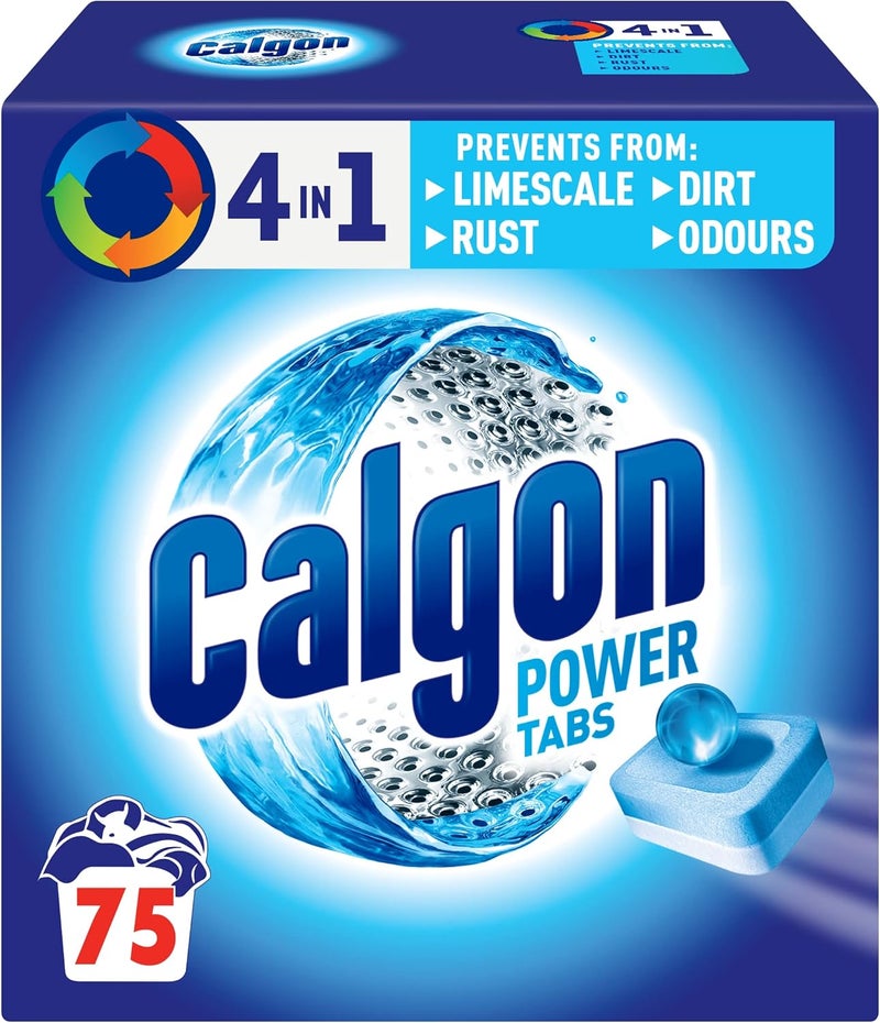 Calgon أقراص منظف غسالة 4 في 1 ومُلين مياه، 75 حبة، يزيل الترسبات الكلسية، البقايا، الأوساخ، الصدأ والروائح الكريهة، تنظيف عميق، حجم عبوة XL - Image 1